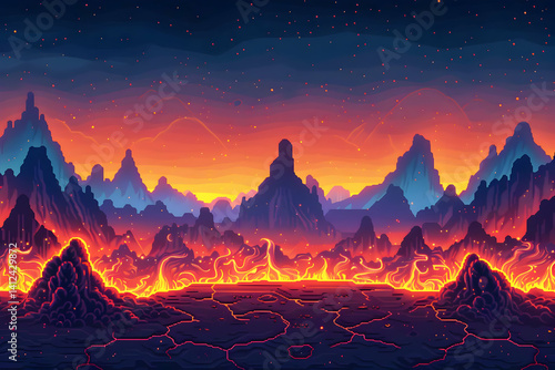 Pixelated Volcanic Mountain Landscape at Night with Glowing Lava and Starry Sky in Retro Style Digital Art