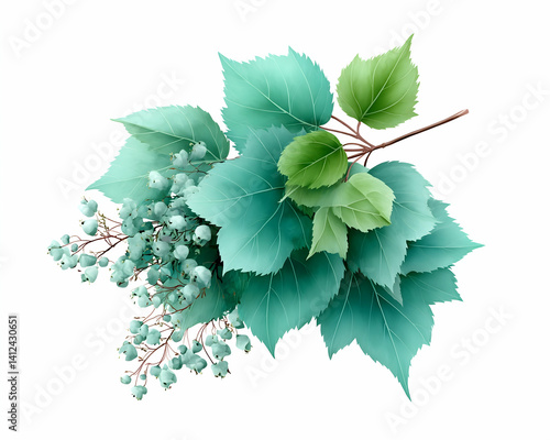 Teal leaves and berries sprig, isolated on white
