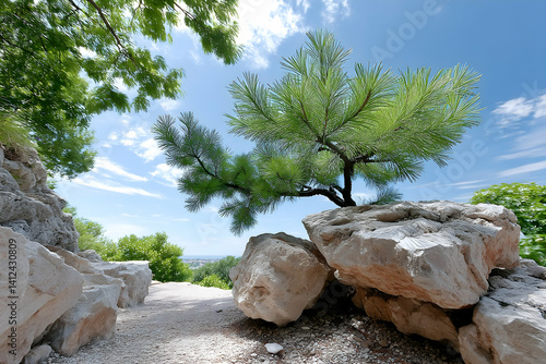 Sunny day, pine tree nestled amongst light-colored rocks in a garden setting