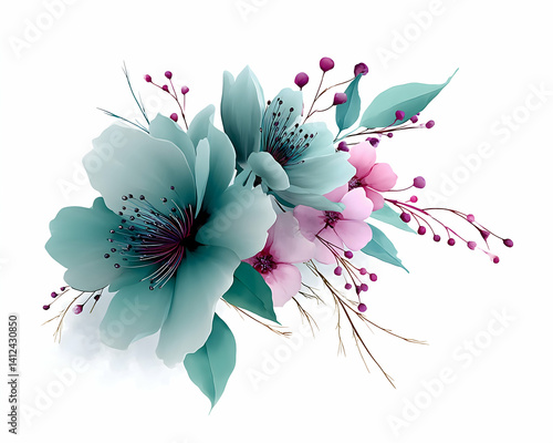Teal and pink floral arrangement with berries and leaves, isolated on white