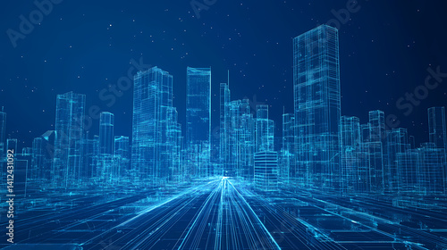 Digital Blueprint Cityscape: A futuristic cityscape in a digital blueprint style, where lines define buildings, roads and infrastructure, capturing innovation. 