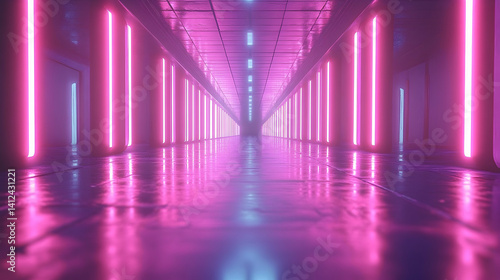 Futuristic corridor illuminated by vibrant neon lights  reflecting on glossy floor  creating an immersive atmosphere