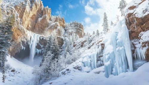 Frozen Majesty: A winter wonderland landscape with waterfalls and snowy cliffs
