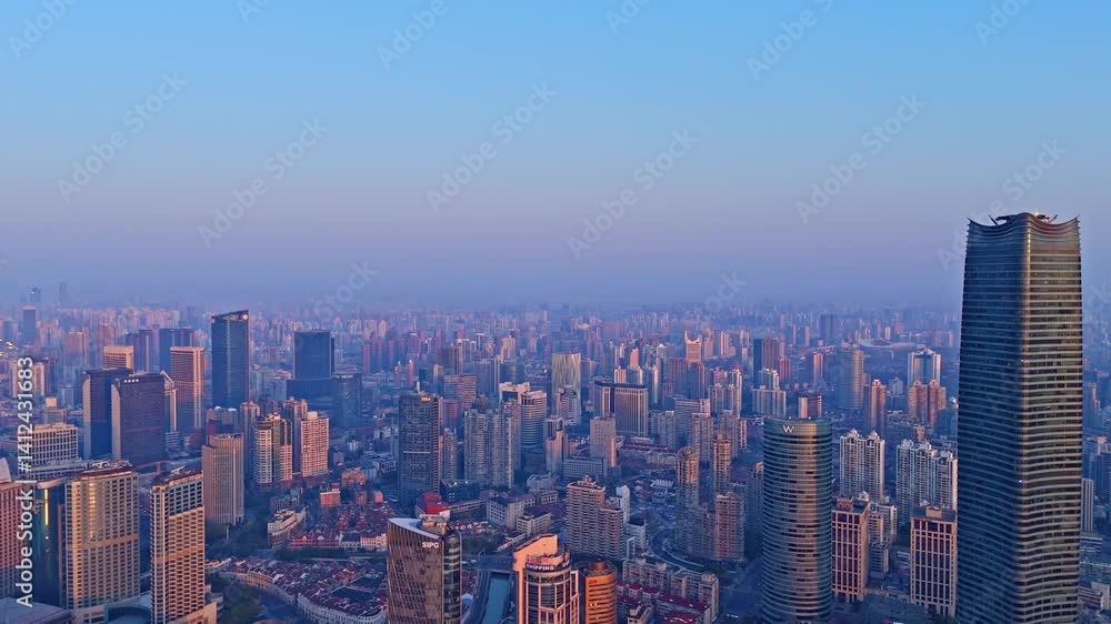 4K Real Time Aerial view of Shanghai skyline in the bund at sunrise