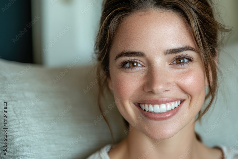 Close-up of a smiling woman with brown hair indoors on a sofa. Close-up of a smiling woman with brown hair indoors on a sofa.