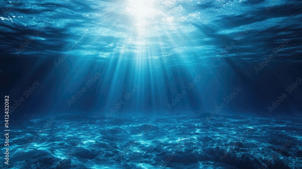 Underwater blue background in ocean with sunbeams Underwater blue background in ocean with sunbeams