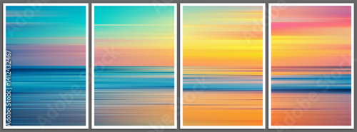 Set of colorful minimalist posters with tropical sunset over the sea in split canvas style. Warm summer gradient with panoramic beach horizon and dreamy ocean in soft flowing design for interior decor