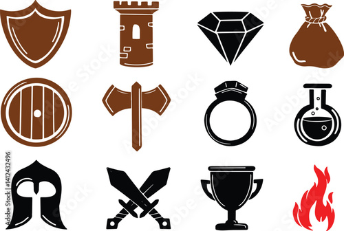 Icon set of medieval RPG fantasy game. Icons of castle weapon shield sword axe battle award diamond cup fire. Vector icons isolated on transparent background. 