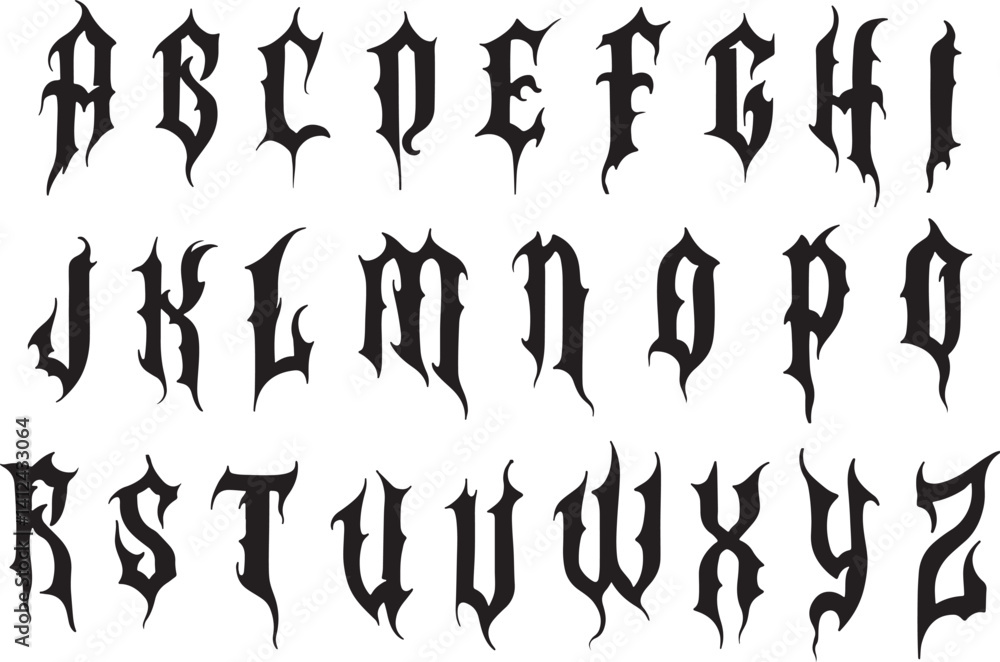 Icon set of gothic font letters in latin alphabet. Concept of medieval scary typography horror calligraphy for rock metal music tattoo graffiti. Vector icons isolated on transparent background.
