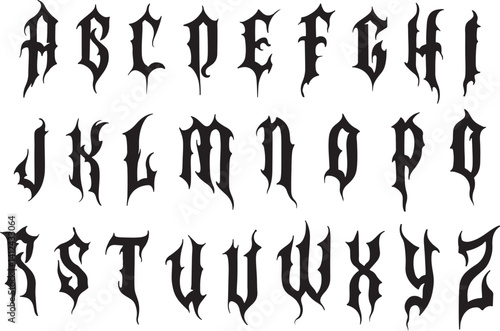 Icon set of gothic font letters in latin alphabet. Concept of medieval scary typography horror calligraphy for rock metal music tattoo graffiti. Vector icons isolated on transparent background.
