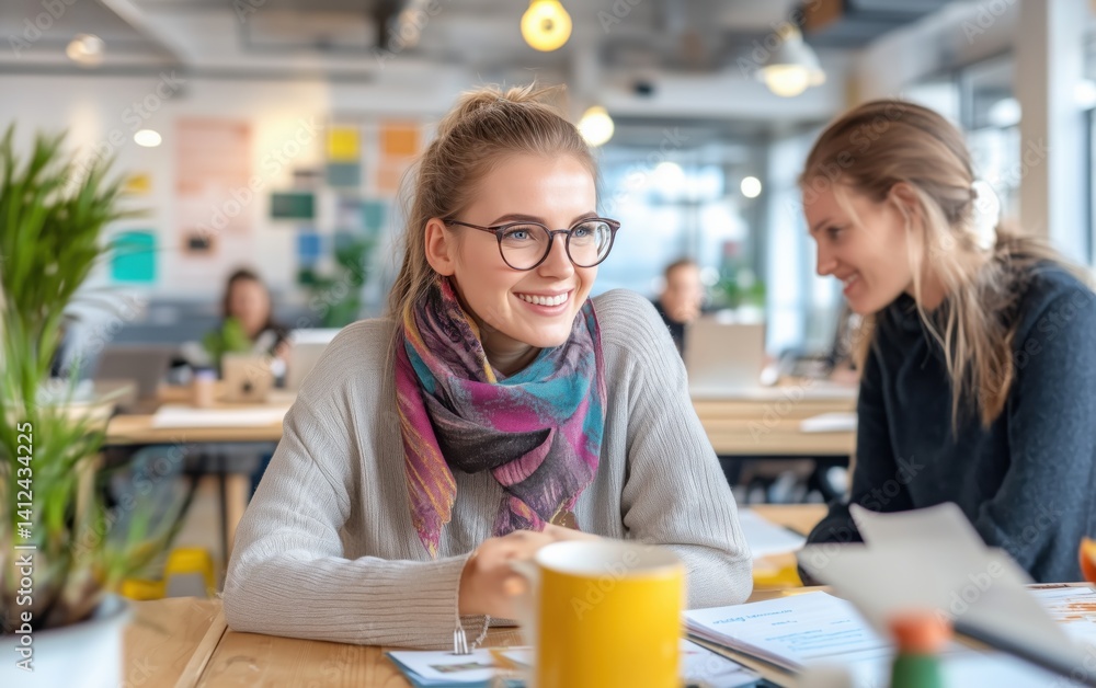 Two Women Collaborating in a Modern Office Setting Two Women Collaborating in a Modern Office Setting