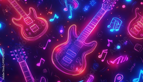 Vibrant neon guitars and music notes floating in a dark cosmic backdrop