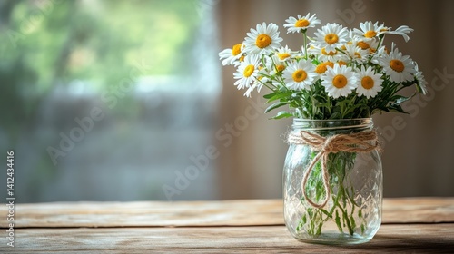 Wallpaper Mural A repurposed mason jar vase filled with daisies and greenery, simple and charming, tied with twine, farmhouse style kitchen setting. Torontodigital.ca