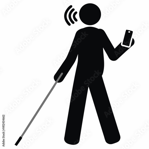 Blind person with cane using smartphone silhouette