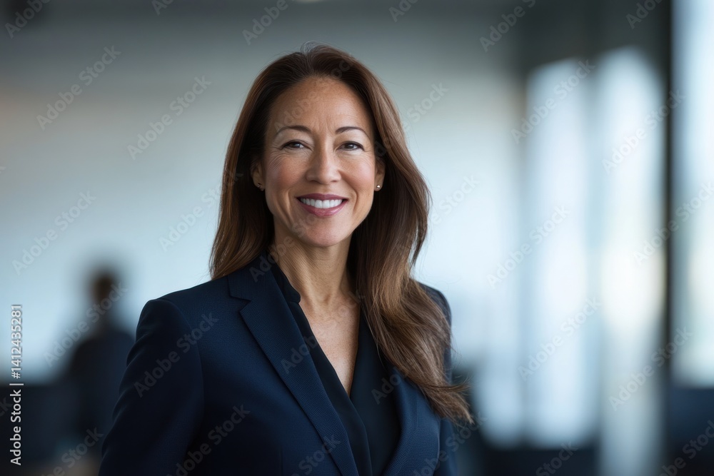Woman in a suit smiles indoors with blurred background. Woman in a suit smiles indoors with blurred background.