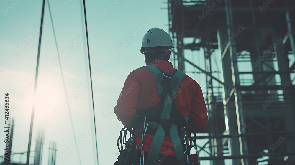 Obraz premium Electrician fixing power lines at a construction site. Safety and expertise