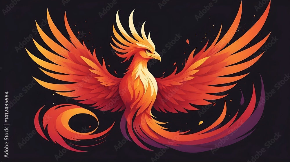 Fototapeta premium A phoenix rising from the ashes, fiery gradient feathers, and sharp vector lines