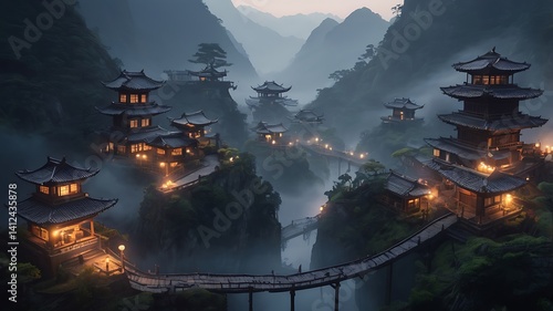 A pixel art rendition of a hidden ninja village nestled in a misty valley, with lanterns lighting up the pathways