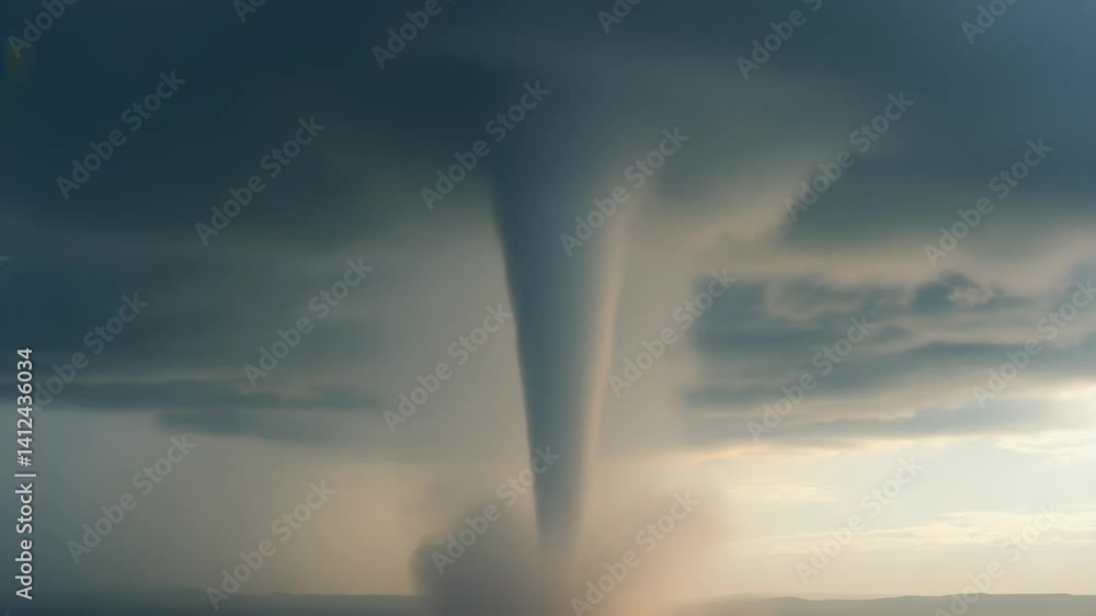Dramatic tornado touching down, forming over open terrain under stormy sky, a powerful display of extreme weather, nature's fury Dramatic tornado touching down, forming over open terrain under stormy sky, a powerful display of extreme weather, nature's fury