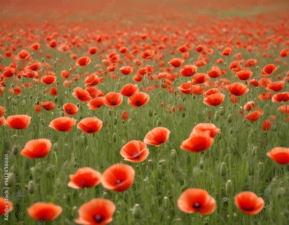 Fototapeta premium Field of Corn Poppy Flowers Papaver rhoeas in Spring.