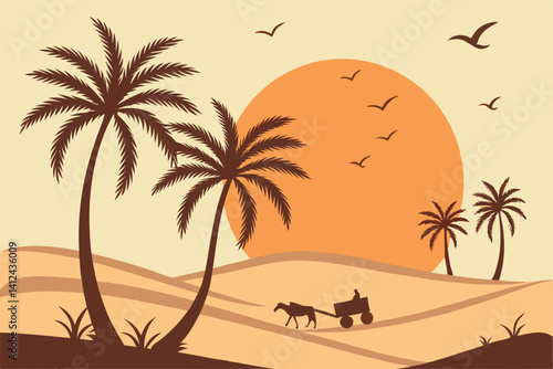 1 Tropical sunset landscape, silhouette of palm trees, orange sun, desert dunes, ox-drawn cart, birds in flight, warm color palette, serene atmosphere, golden hour lighting, minimalist style, vector a