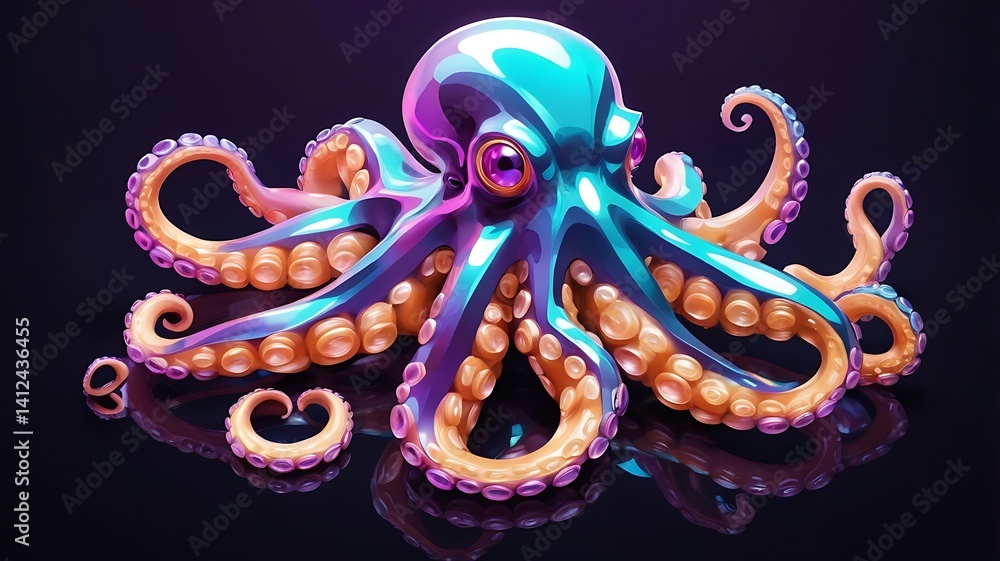 Obraz premium A holographic pop art octopus logo with 3D light reflections and metallic neon tones