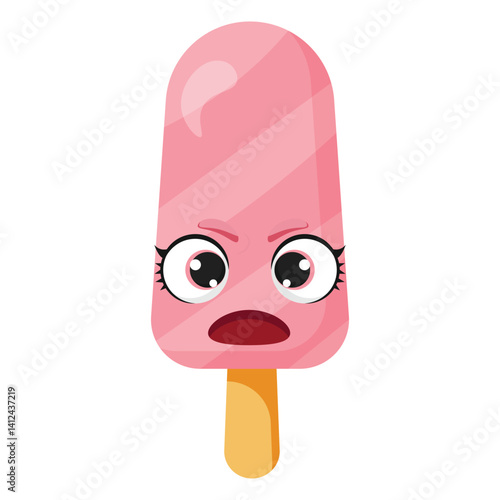 Pink popsicle with angry expression, big glossy eyes and open mouth, isolated on white background, ideal for food designs, children prints, emotions and character illustrations