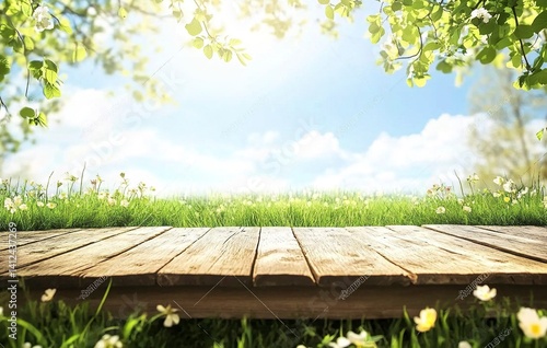 Easter background with a wooden table and grass, Easter eggs in the meadow, copy space for text, pastel green, blue sky, fresh leaves, flowers, Easter decoration, Easter concept, high-resolution photo