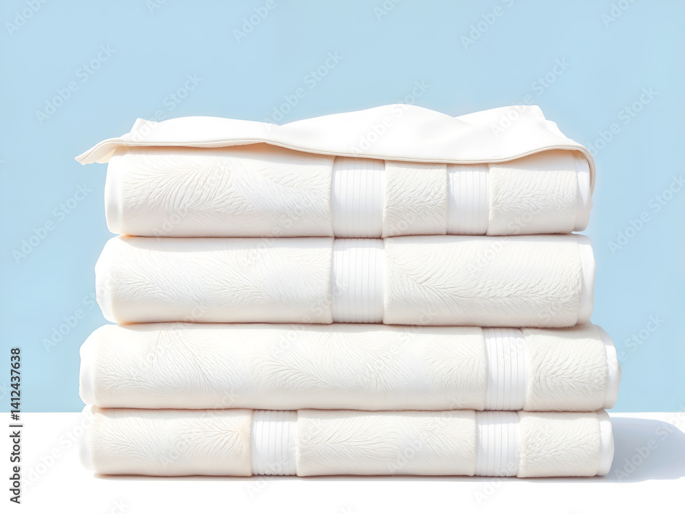 Stack of clean white towels on a light background, symbolizing hygiene, spa, or laundry. Generative AI