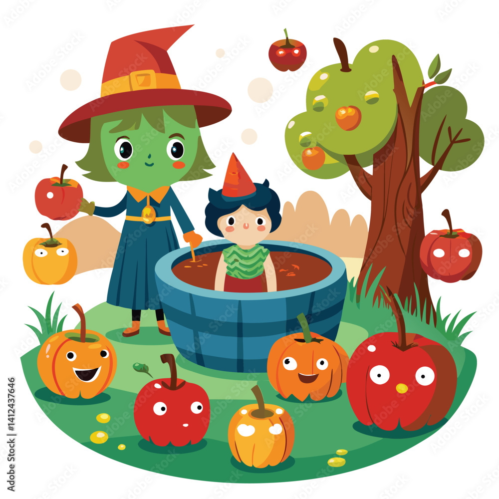 Fototapeta premium Halloween Bobbing for apples isolated on white background 