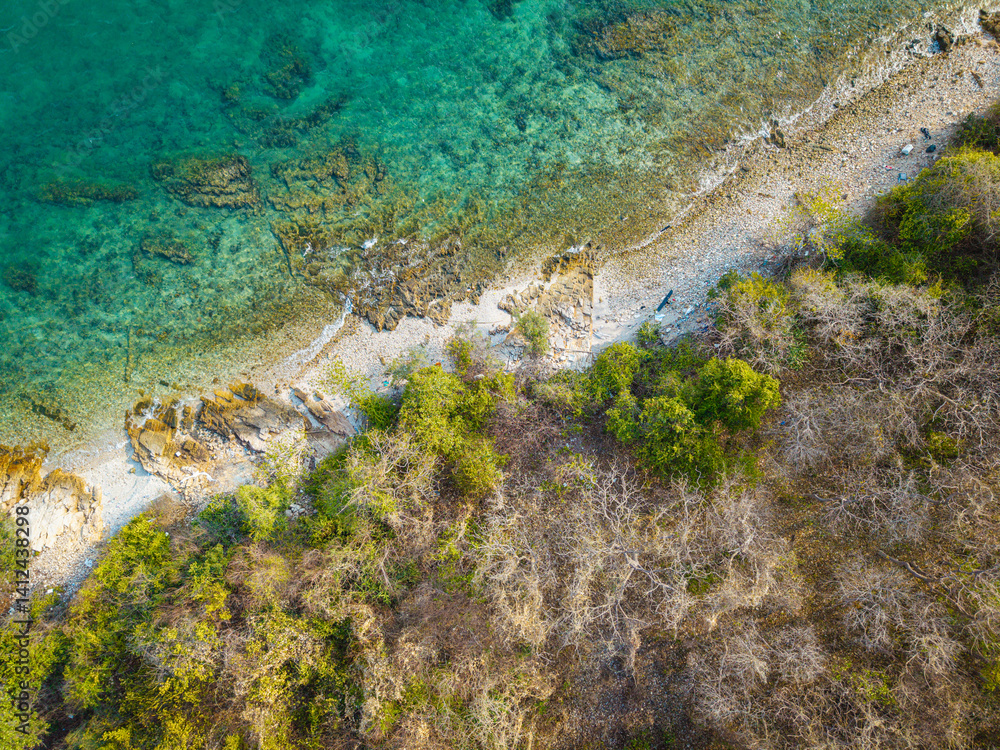 Aerial view white sand beach wave tropical island turquoise water