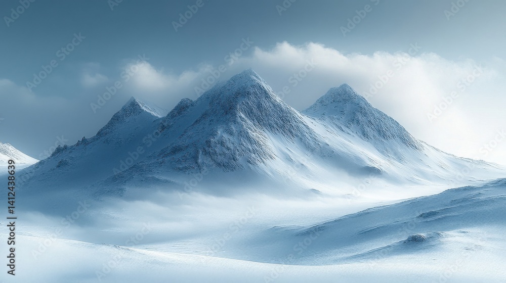 Fototapeta premium Snowy Mountain Range Under Cloudy Sky in Cold Winter Landscape