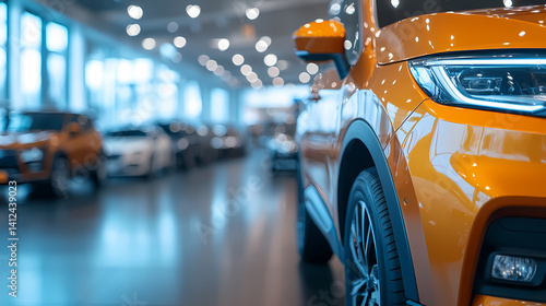 Wallpaper Mural Automobile Showroom: a close-up shot of a sleek orange vehicle that captivates the view. The showroom setting, with its modern design, highlights the vehicle's allure. Torontodigital.ca