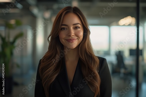 Wallpaper Mural Woman smiles in modern office setting wearing a dark blazer. Torontodigital.ca