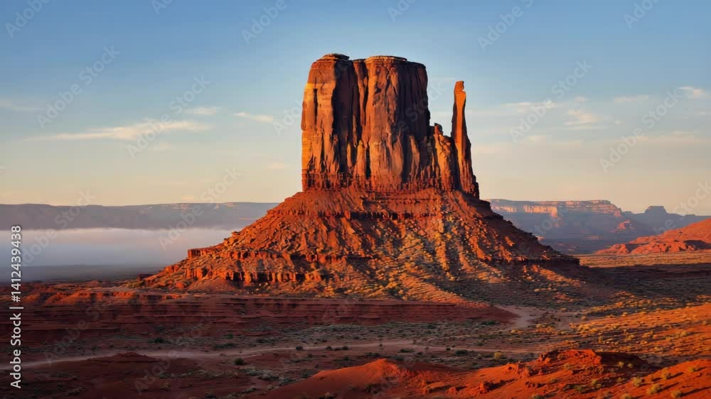 Majestic sandstone butte in desert landscape, golden sunlight illuminating arid terrain, serene natural beauty, panoramic vista Majestic sandstone butte in desert landscape, golden sunlight illuminating arid terrain, serene natural beauty, panoramic vista