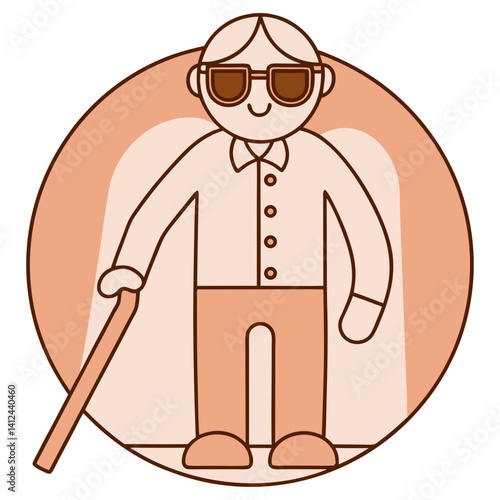 Elderly blind man icon with sunglasses and white cane