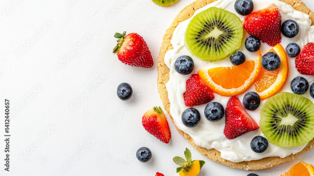 Close-up of colorful fruit pizza with kiwi, strawberries, oranges, and blueberries on creamy base. concept of creative desserts, fresh ingredients, artistic food presentation, healthy treats Close-up of colorful fruit pizza with kiwi, strawberries, oranges, and blueberries on creamy base. concept of creative desserts, fresh ingredients, artistic food presentation, healthy treats