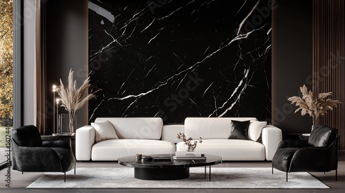 Modern living room with black marble wall and white sofa.  Luxurious, minimalist, and elegant interior design.  Large windows overlook a peaceful autumnal scene
