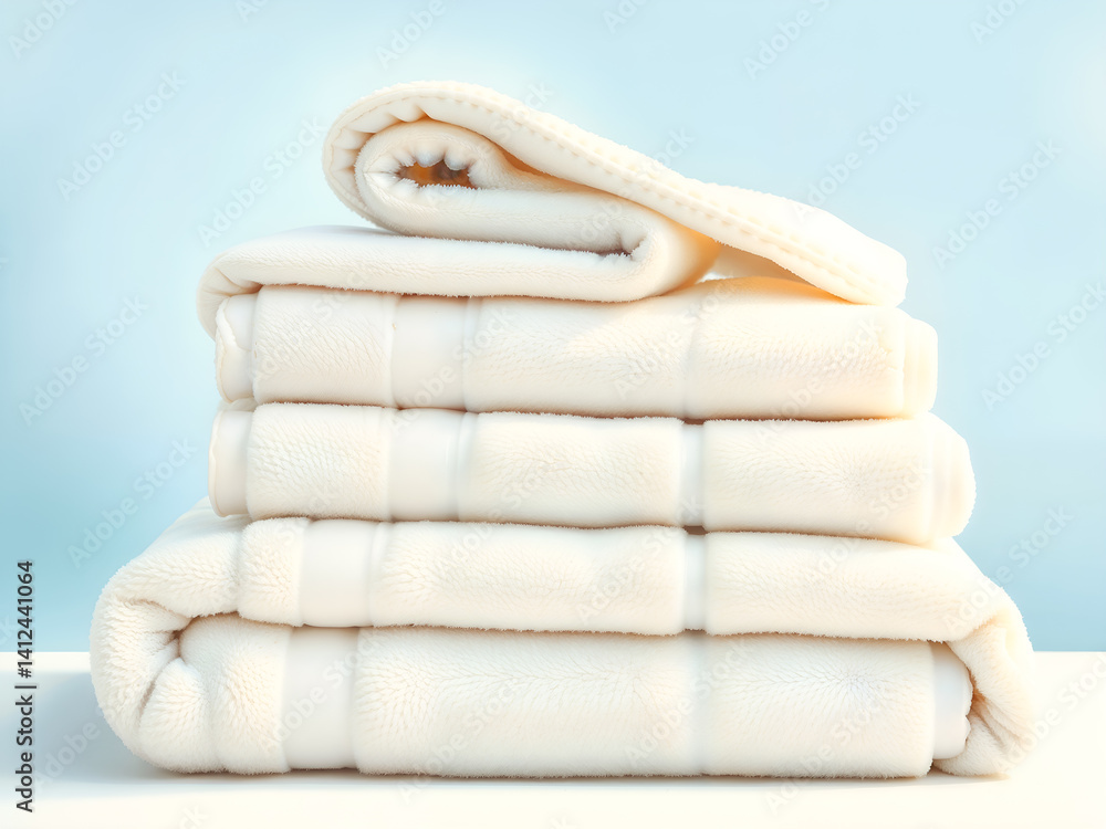 Stack of clean white towels on a light background, symbolizing hygiene, spa, or laundry. Generative AI