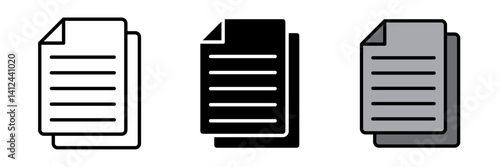 Document icon on white background with page curl and tabbed corner designs stroke filled and colored icon set.