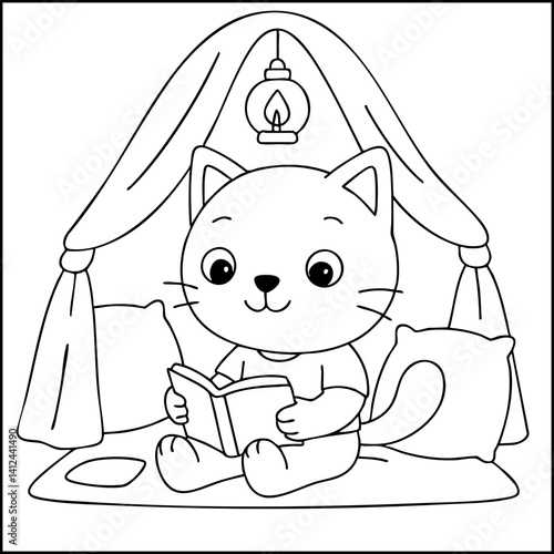 Dessin kawaii au trait de chat pour livre de coloriage pour adulte ou enfant. Trait noir totalement isolé du fond. Idéal pour conception a ajuster dans votre livre ou cahier. Encadré transparent. 
