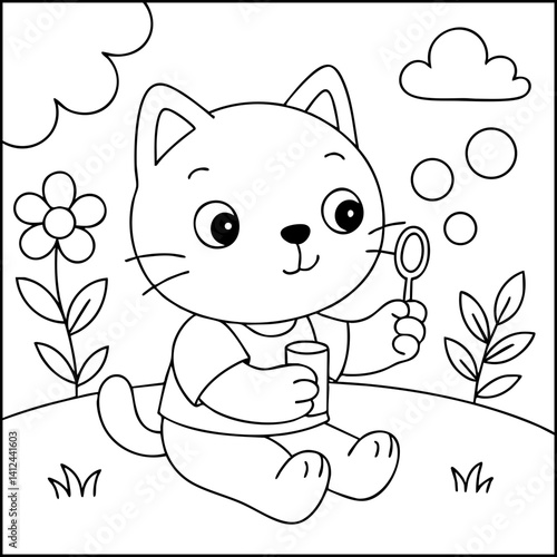 Dessin kawaii au trait de chat pour livre de coloriage pour adulte ou enfant. Trait noir totalement isolé du fond. Idéal pour conception a ajuster dans votre livre ou cahier. Encadré transparent. 