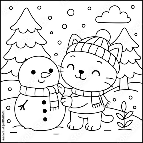 Dessin kawaii au trait de chat pour livre de coloriage pour adulte ou enfant. Trait noir totalement isolé du fond. Idéal pour conception a ajuster dans votre livre ou cahier. Encadré transparent. 