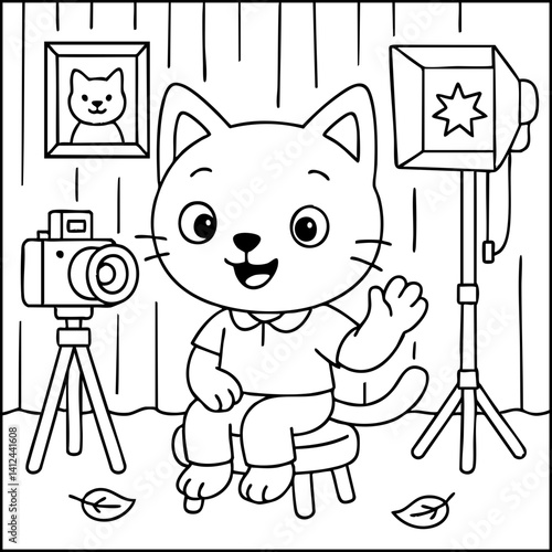 Dessin kawaii au trait de chat pour livre de coloriage pour adulte ou enfant. Trait noir totalement isolé du fond. Idéal pour conception a ajuster dans votre livre ou cahier. Encadré transparent. 
