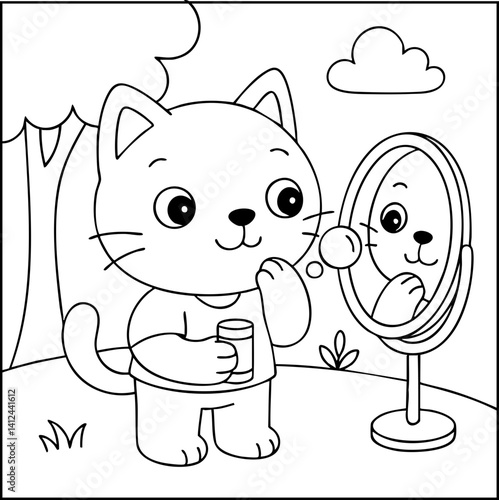 Dessin kawaii au trait de chat pour livre de coloriage pour adulte ou enfant. Trait noir totalement isolé du fond. Idéal pour conception a ajuster dans votre livre ou cahier. Encadré transparent. 