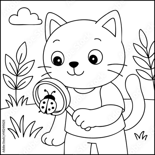 Dessin kawaii au trait de chat pour livre de coloriage pour adulte ou enfant. Trait noir totalement isolé du fond. Idéal pour conception a ajuster dans votre livre ou cahier. Encadré transparent. 