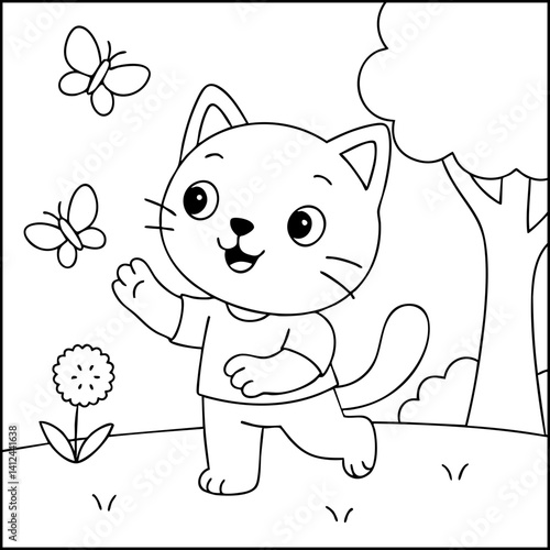 Dessin kawaii au trait de chat pour livre de coloriage pour adulte ou enfant. Trait noir totalement isolé du fond. Idéal pour conception a ajuster dans votre livre ou cahier. Encadré transparent. 
