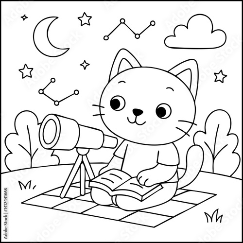 Dessin kawaii au trait de chat pour livre de coloriage pour adulte ou enfant. Trait noir totalement isolé du fond. Idéal pour conception a ajuster dans votre livre ou cahier. Encadré transparent. 