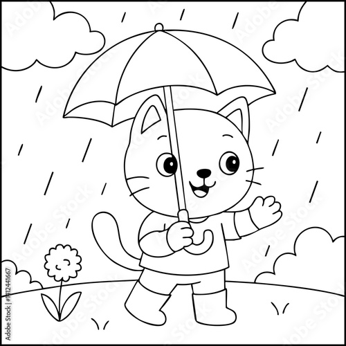 Dessin kawaii au trait de chat pour livre de coloriage pour adulte ou enfant. Trait noir totalement isolé du fond. Idéal pour conception a ajuster dans votre livre ou cahier. Encadré transparent. 