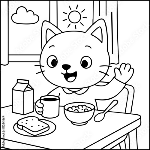 Dessin kawaii au trait de chat pour livre de coloriage pour adulte ou enfant. Trait noir totalement isolé du fond. Idéal pour conception a ajuster dans votre livre ou cahier. Encadré transparent. 